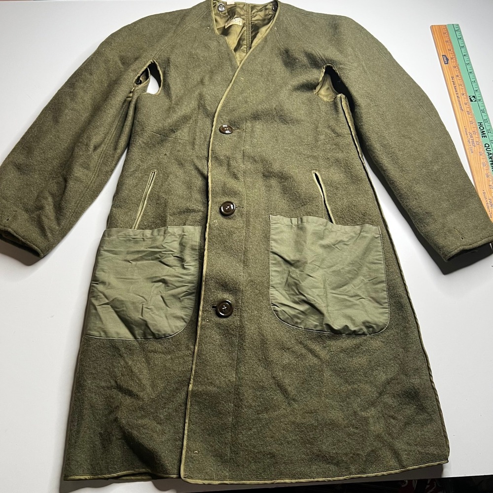 Vintage Military Wool Overcoat Liner Olive Drab Green Button Front Small Regular